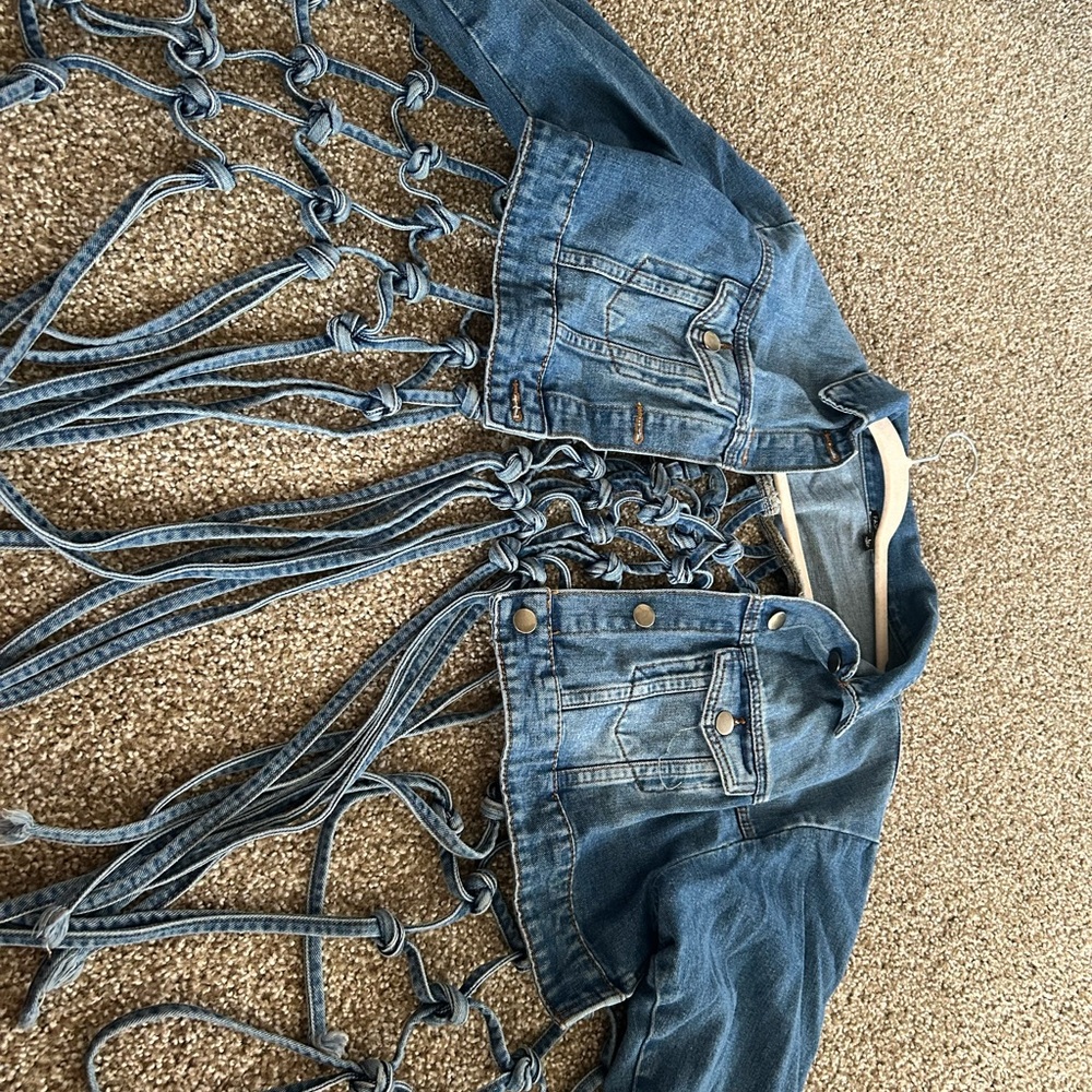 Fashion Nova Denim Jacket with Knotted Fringe